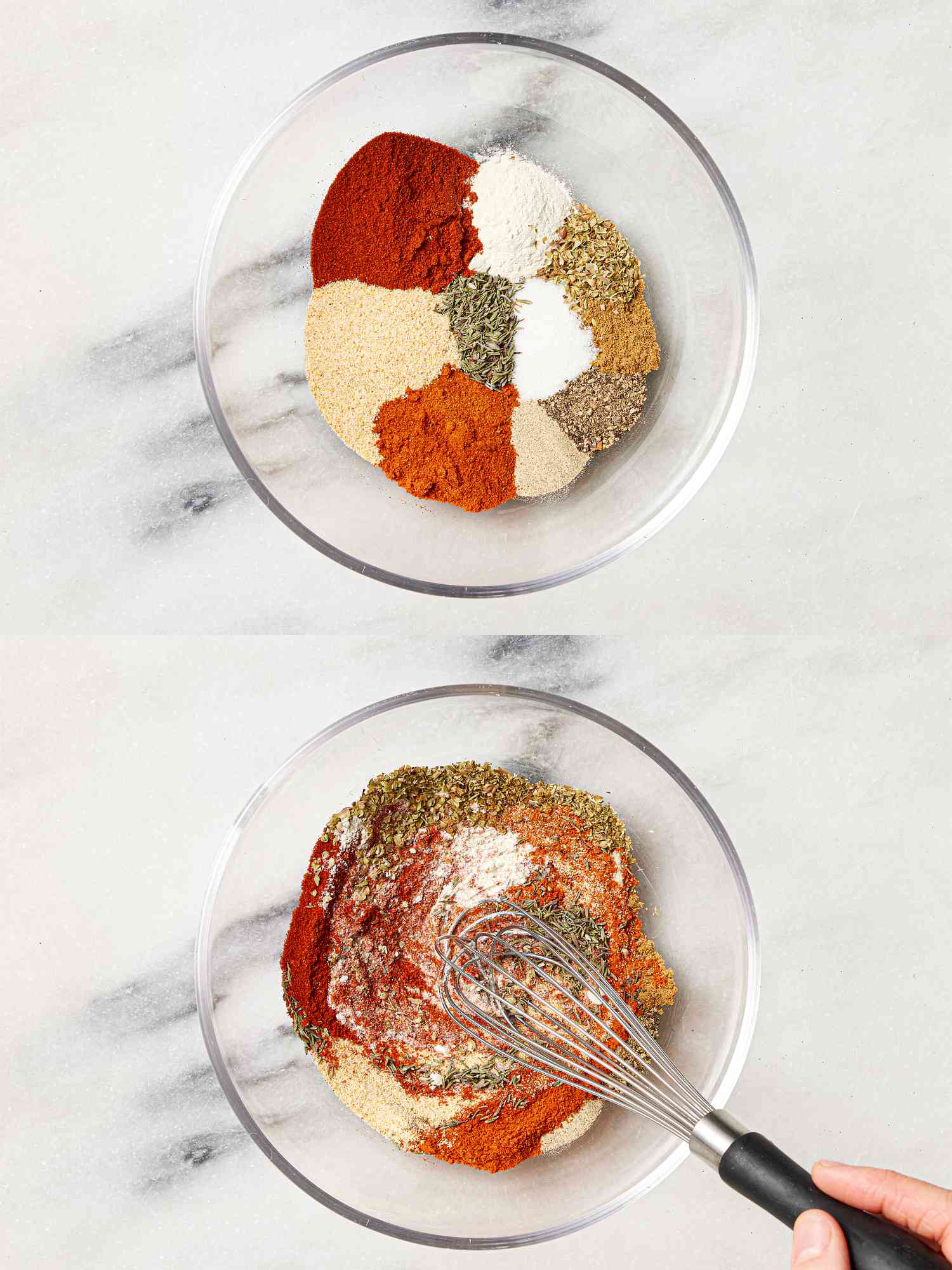 Spices in a glass bowl for Cajun seasoning.