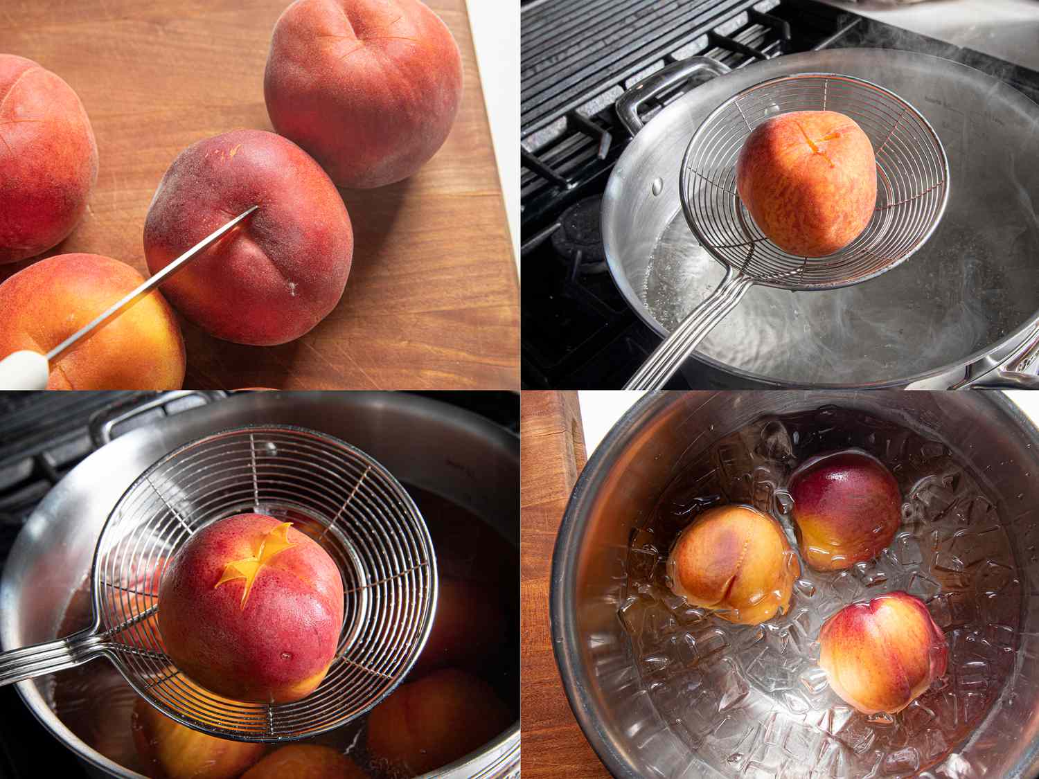 Four image collage of prepping peaches for filling