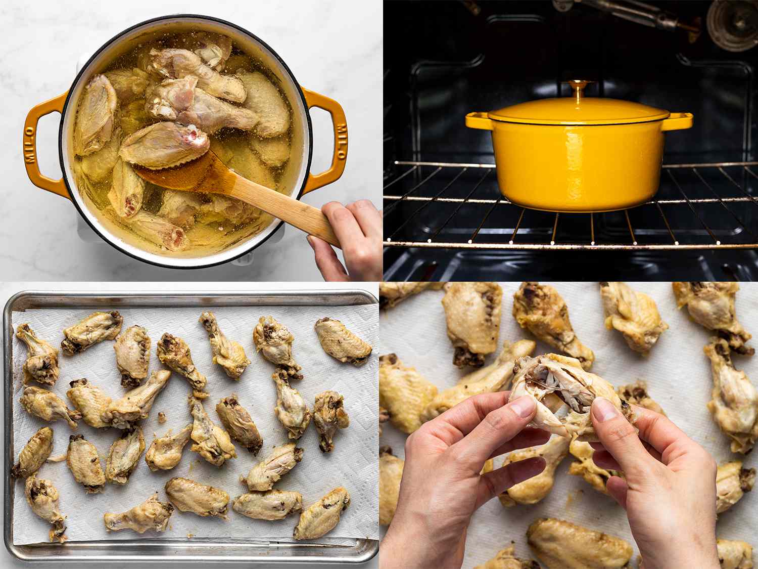 A horizontal four-image collage. The top left image shows the chicken wings cooking in a pot of gently bubbling oil, as evidenced by a small number of bubbles. One chicken wing is being lifted out of the oil with a wooden spatula. The top right photo shows the dutch oven inside of a larger oven, to demonstrate that this method calls for the chicken wings to be cooked in oil, inside of an oven. The bottom left photo shows the cooked chicken wings laid out on paper towels inside of a sheet pan. And the bottom right photo shows one chicken wing being gently pulled apart by a pair of hands, to show off the tender, cooked texture of the chicken.