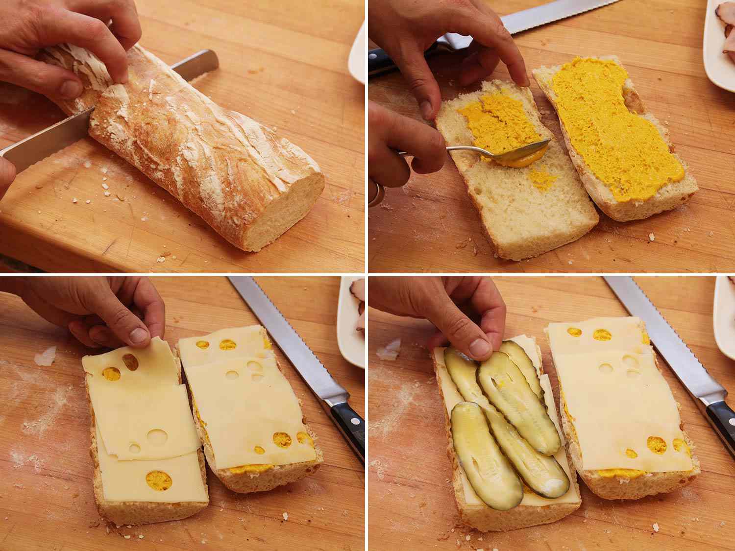 A four-image collage. The top left shows a European-style long loaf of bread being cut with a serrated knife. The top right shows mustard being spread on the inside of the bread. The bottom left shows Swiss cheese being placed on both sides of the bread. The bottom right shows sliced pickles being placed on the left piece of bread.