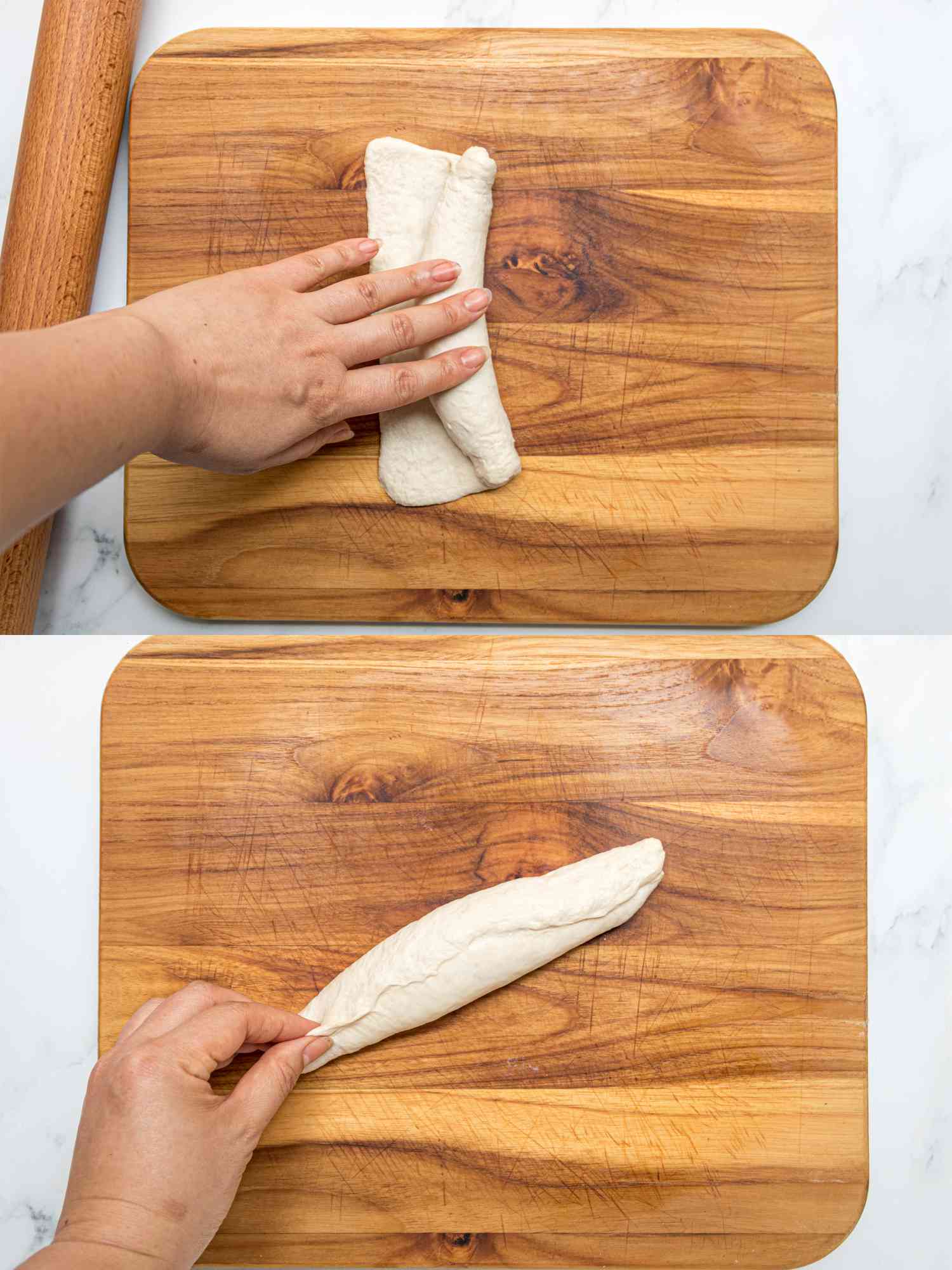 Two image collage of overhead view of folding dough into loaf shape and pinching the seam sealed