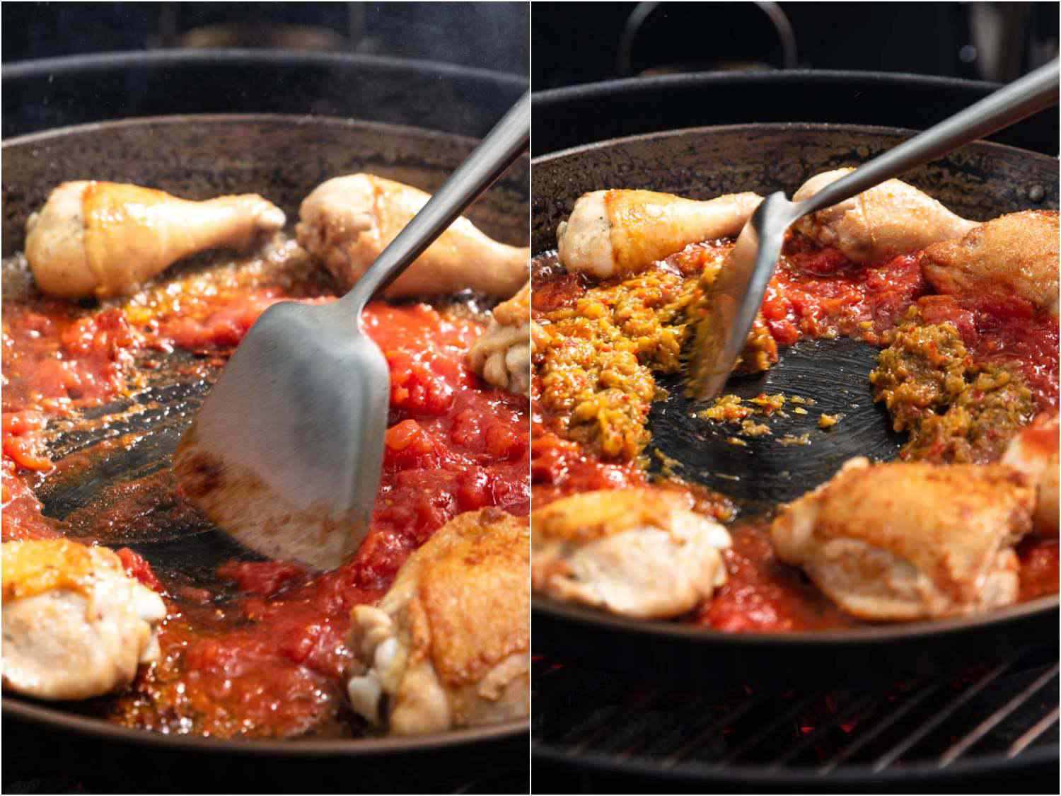 金属铲刮着海鲜饭锅的底部，里面有烧焦的鸡肉块，番茄泥和索夫里托。gydF4y2Ba
