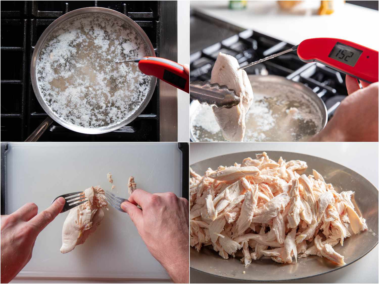 Poaching chicken breasts and then shredding into bite-size pieces.