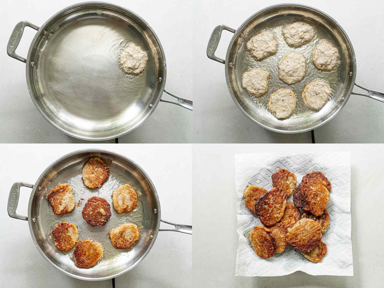 Four image collage of frying banana fritters