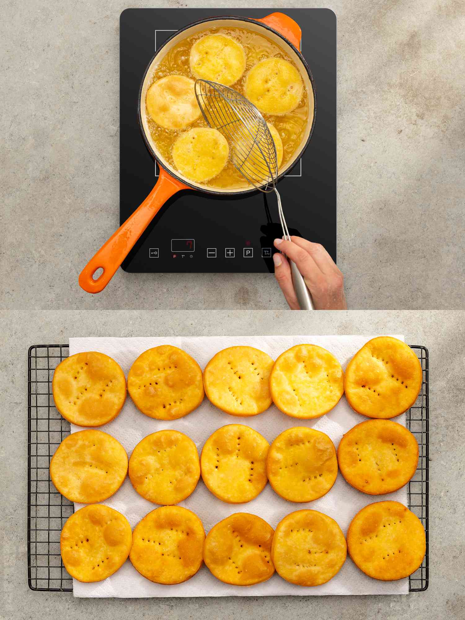 Two image collage of frying sopaipillas and resting on wire racks