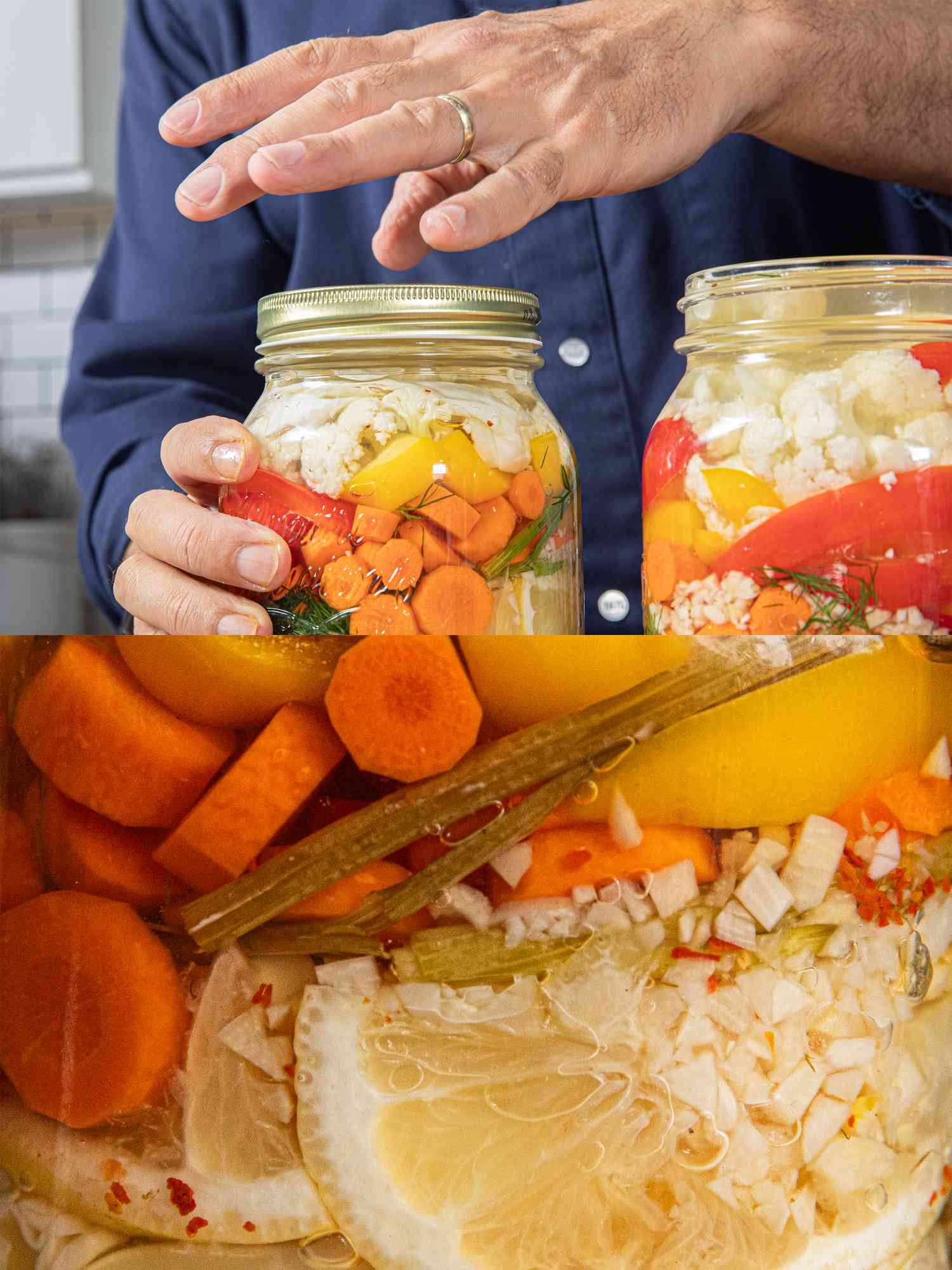 Two image collage of sealing jar of pickles and side view of fermentation bubbles in jar