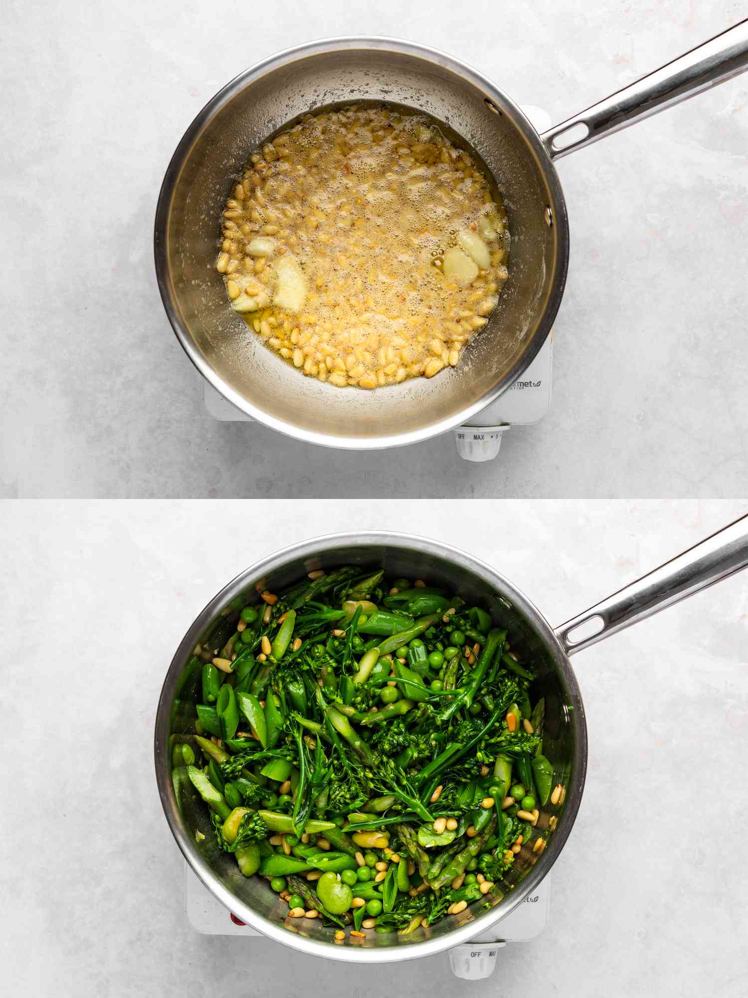 黄油、橄榄油、大蒜和松子放在调味汁里，锅里放焯过的蔬菜gydF4y2Ba
