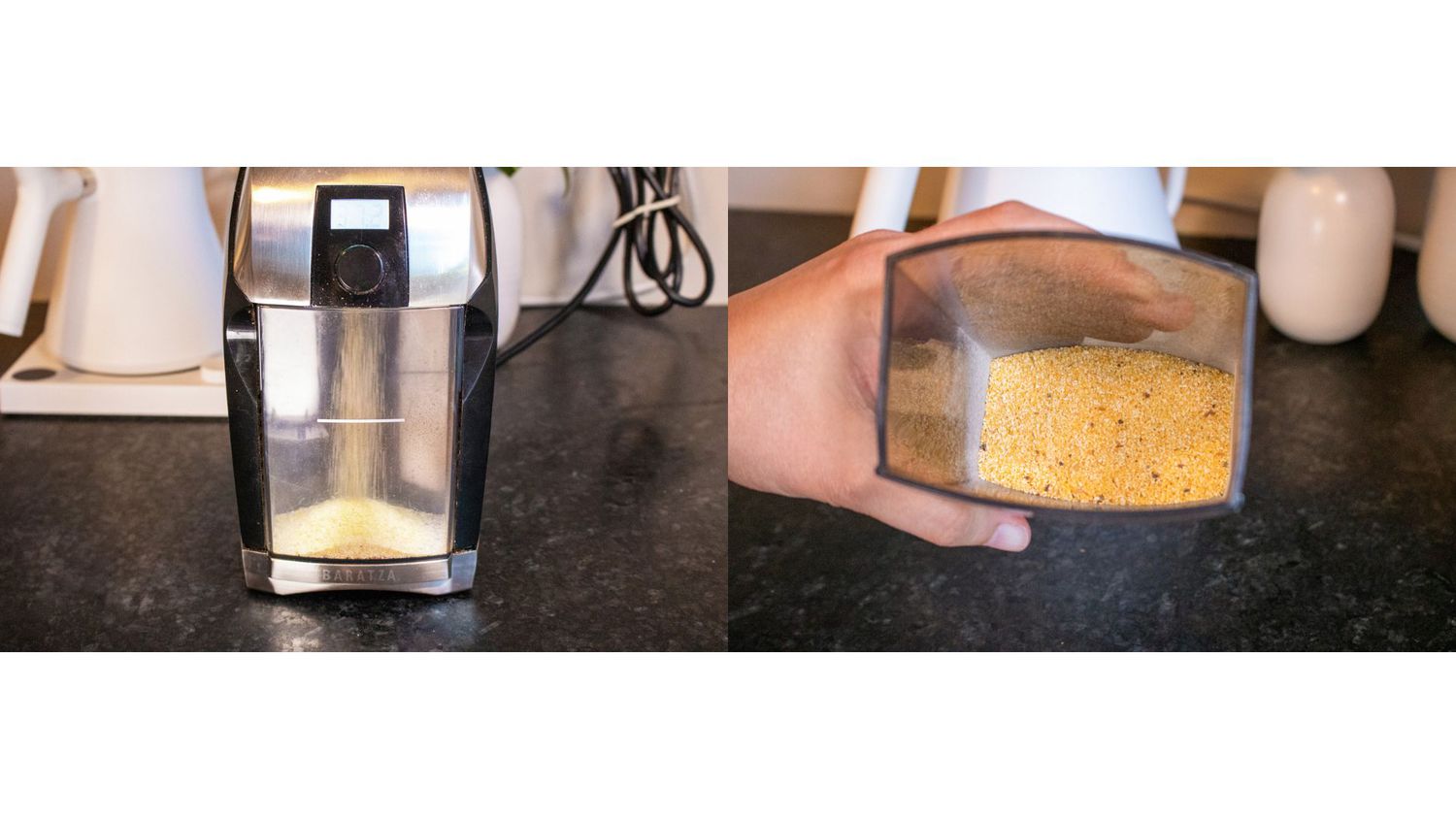 a collage of grinder cleaning tablets running through the grinder beside a hand holding a canister full of spent, ground cleaning tablets