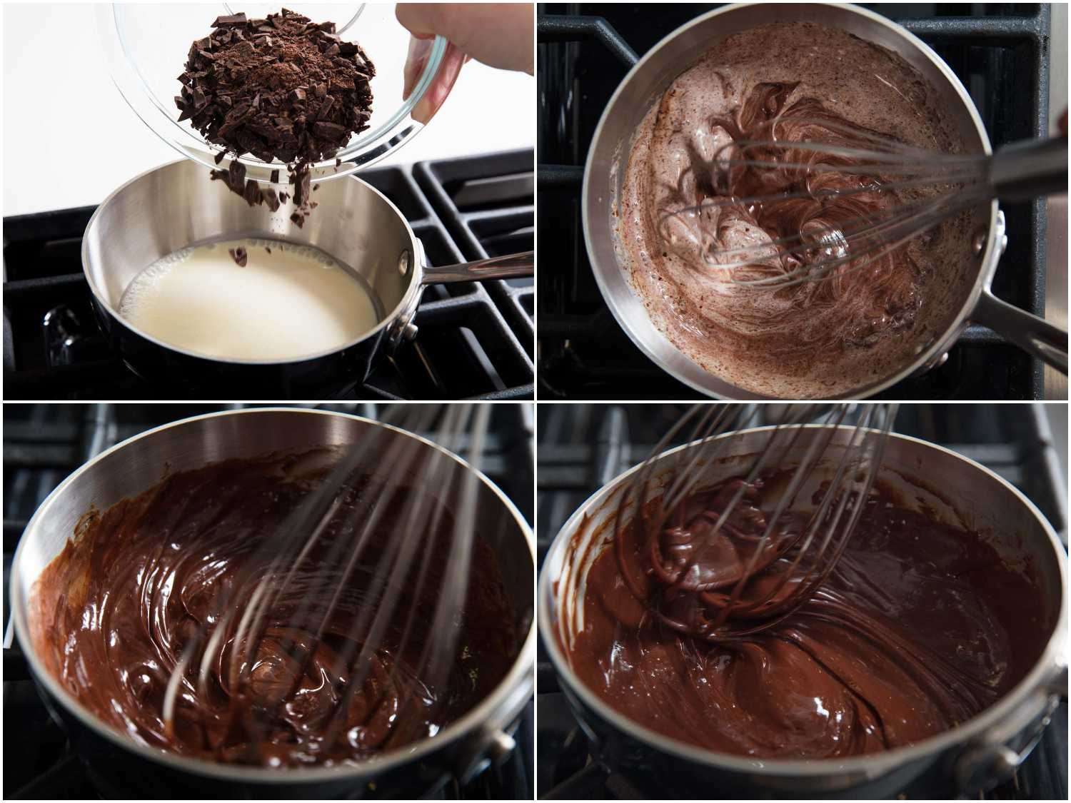 在热奶油中加入切碎的巧克力，搅拌成巧克力酱。
