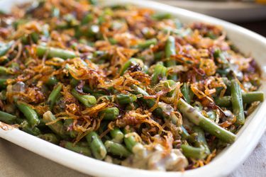 Green bean casserole with crispy fried shallots topping