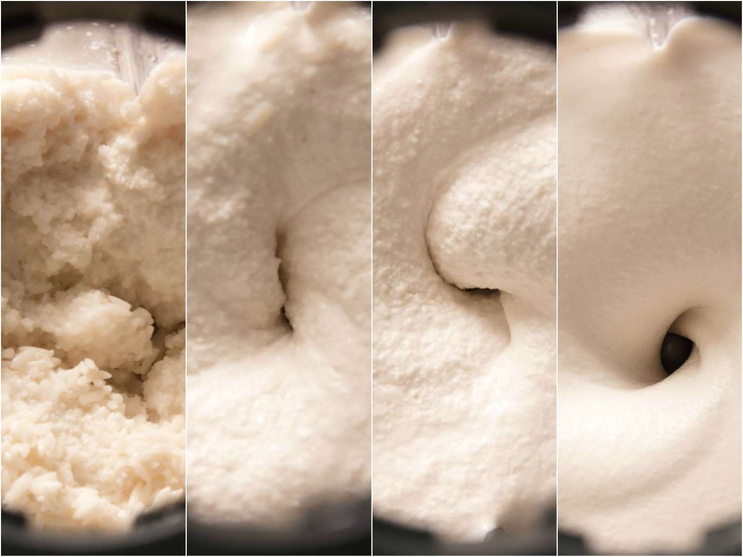 Collage showing four stages of blending dosa batter, from grainy to smooth.