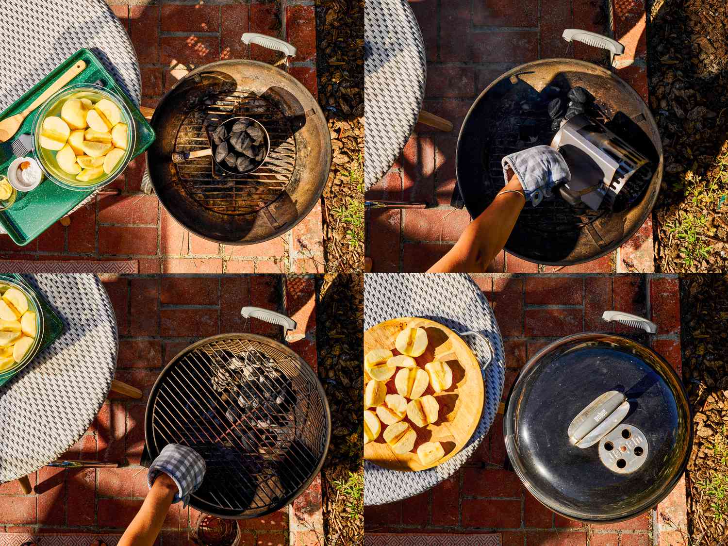 Four image collage of prepping charcoal grill