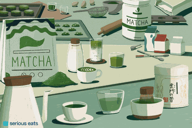 an illustration of matcha powder in tins and bags, with cups of brewed matcha, matcha baked goods, and a matcha latte.