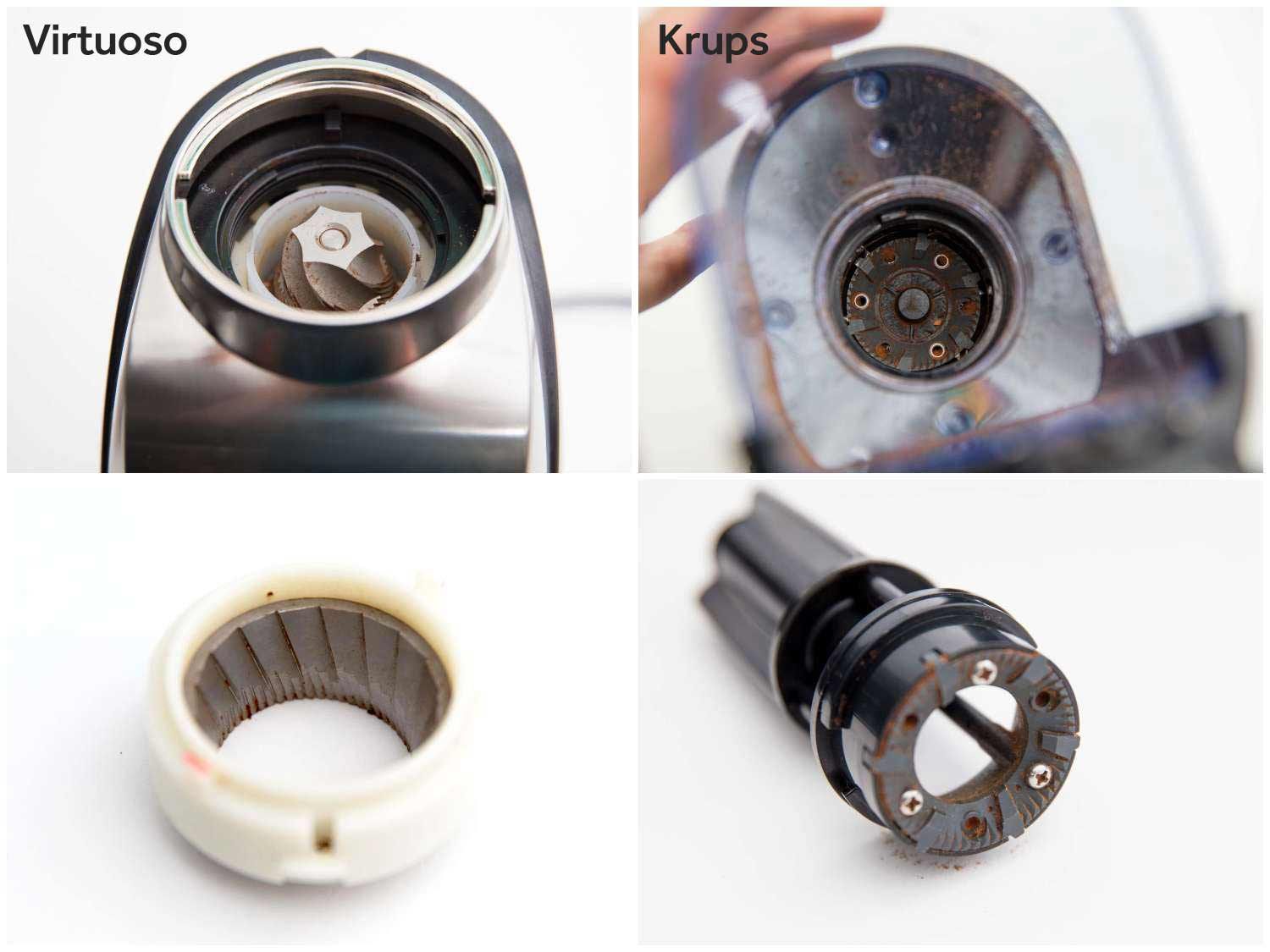 Comparison of the burrs from a Baratza Virtuoso coffee grinder and a much less expensive Krups one, showing the quality difference in the burrs themselves.
