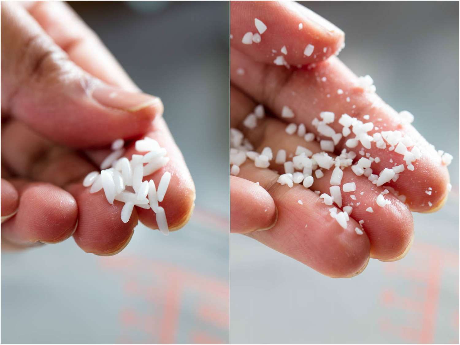 Collage of two close-ups: one with a hand holding intact grains of rice, the other with broken grains of rice.