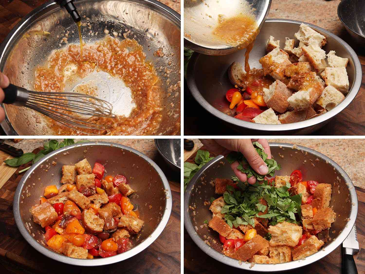 Collage of photos of making panzanella salad: whisking olive oil and tomato juice in a large bowl to make a vinaigrette, pouring vinaigrette over tomatoes and bread, tomatoes and bread soaked in vinaigrette, adding chopped basil leaves to salad