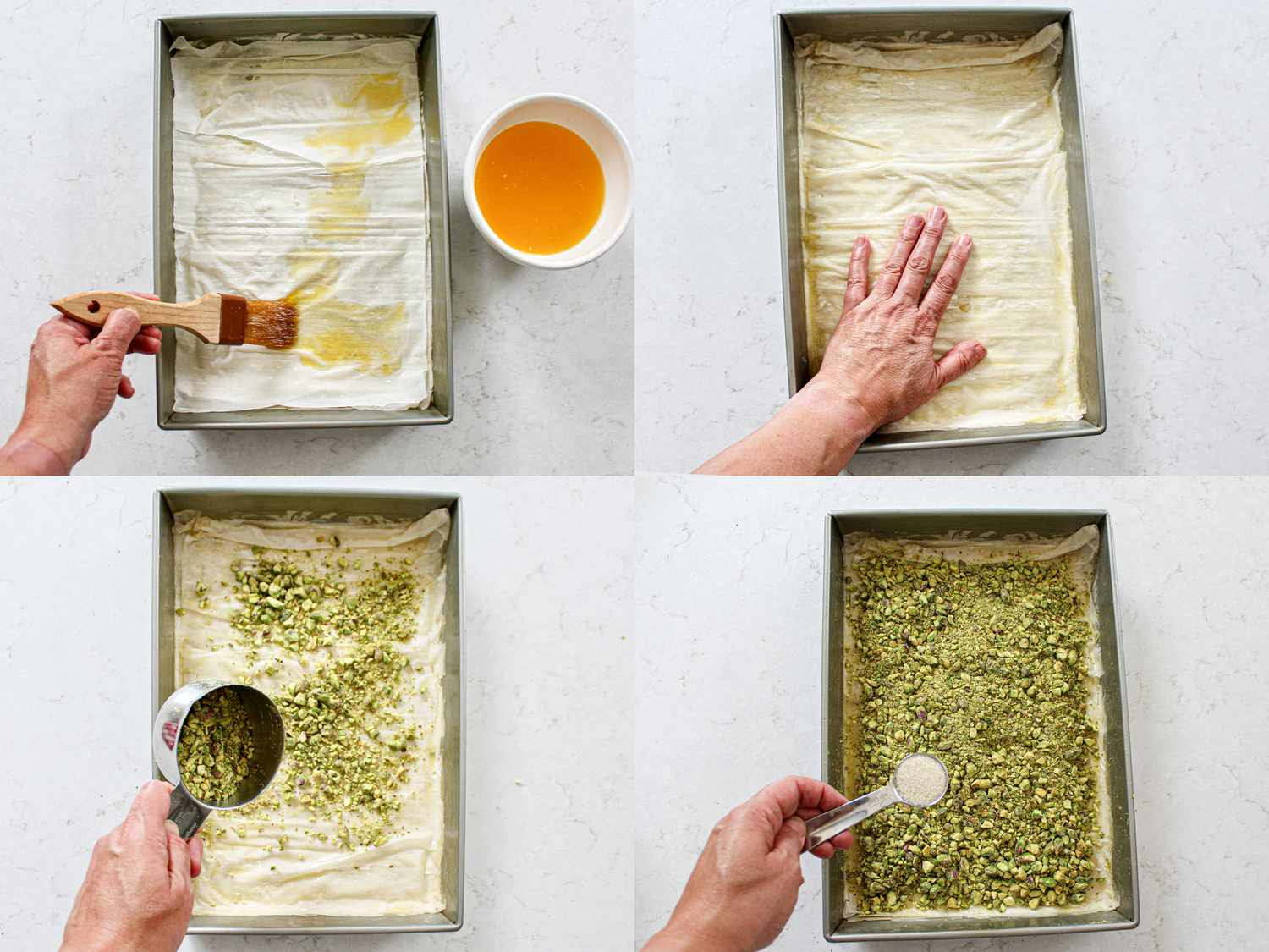 Four image collage of constructing baklava