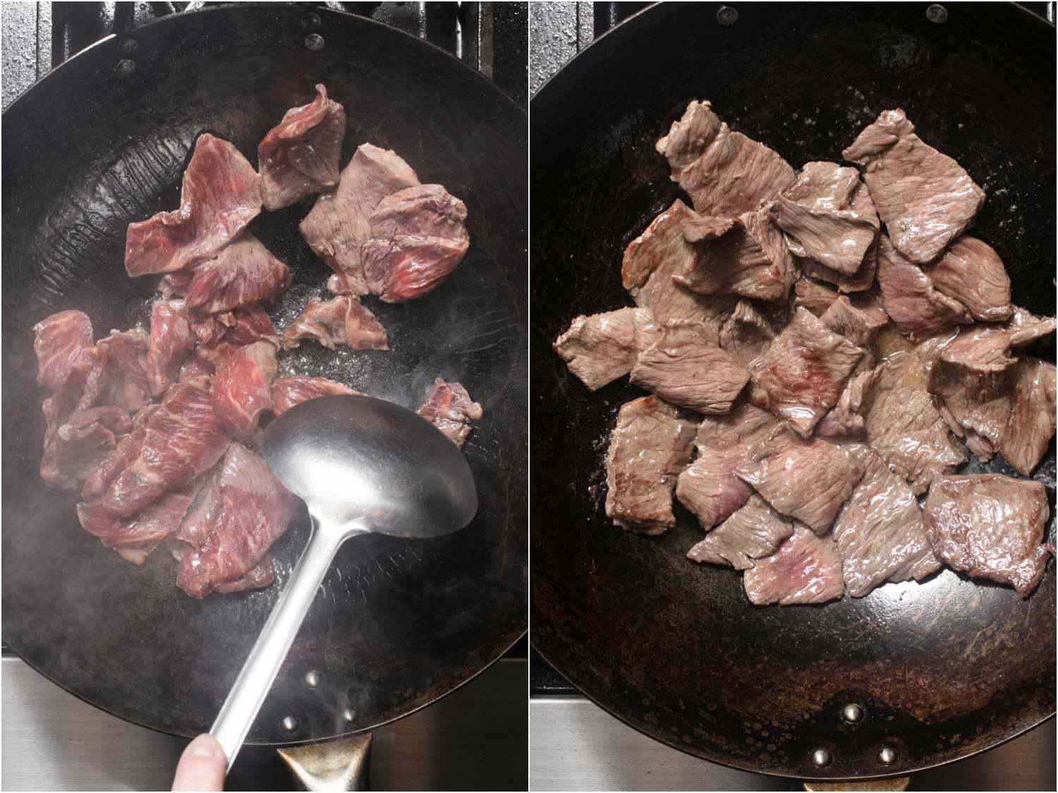 Collage: beef in wok seared on one side, mostly cooked beef with a few light pink patches.