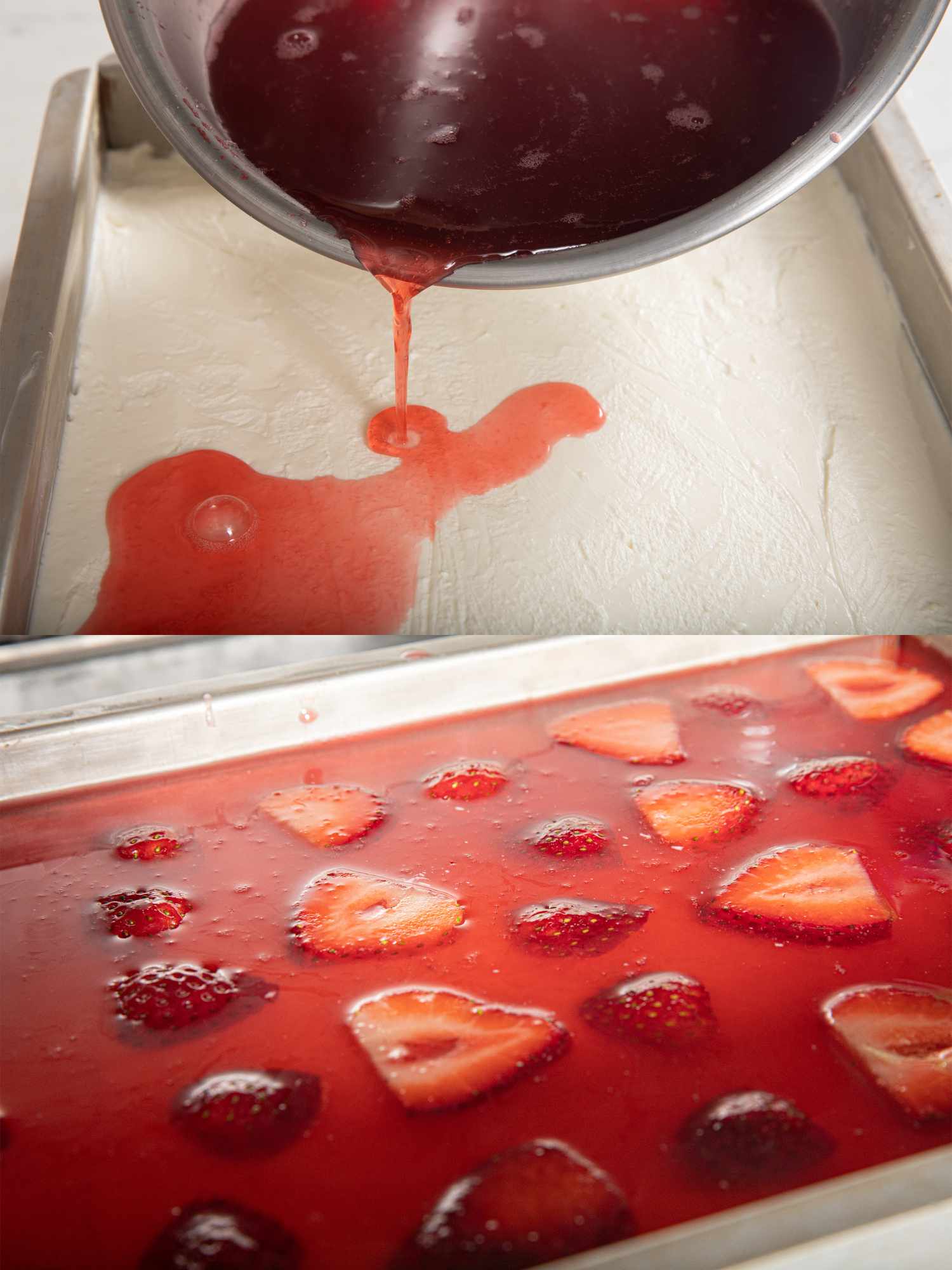 两幅图片拼贴，将草莓汁倒在奶油奶酪上，将草莓放在冰箱里