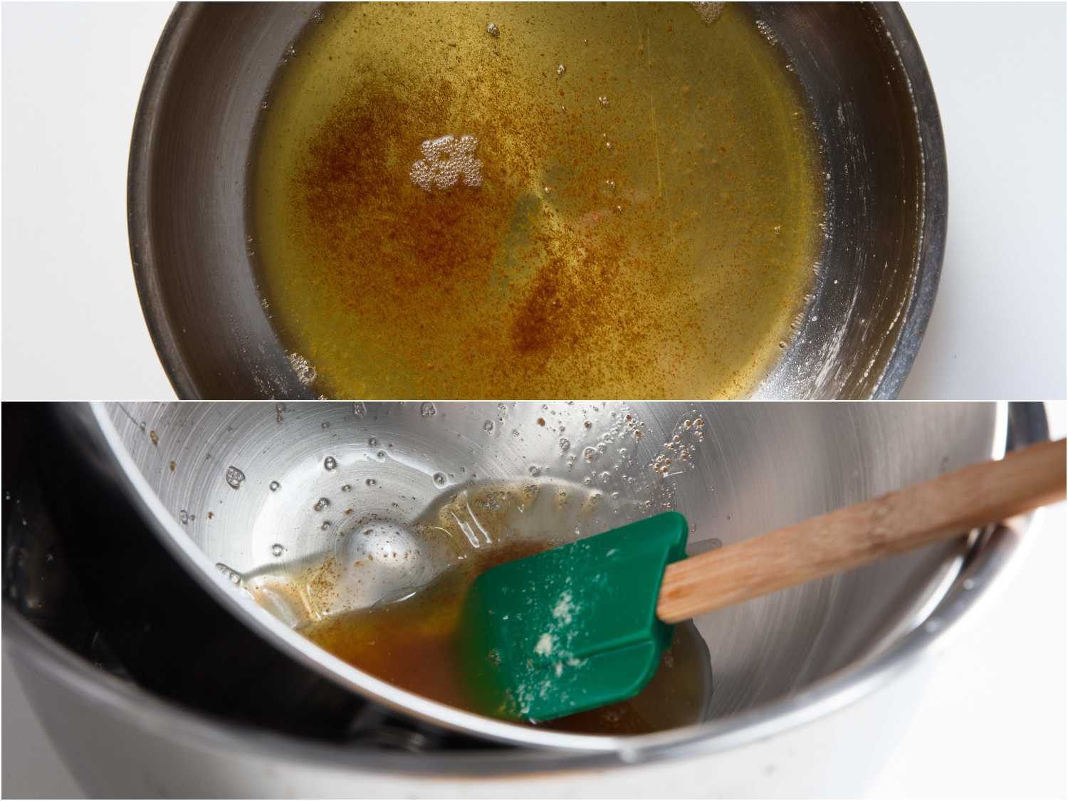 A collage of brown butter in a skillet and cooling down in a mixing bowl.