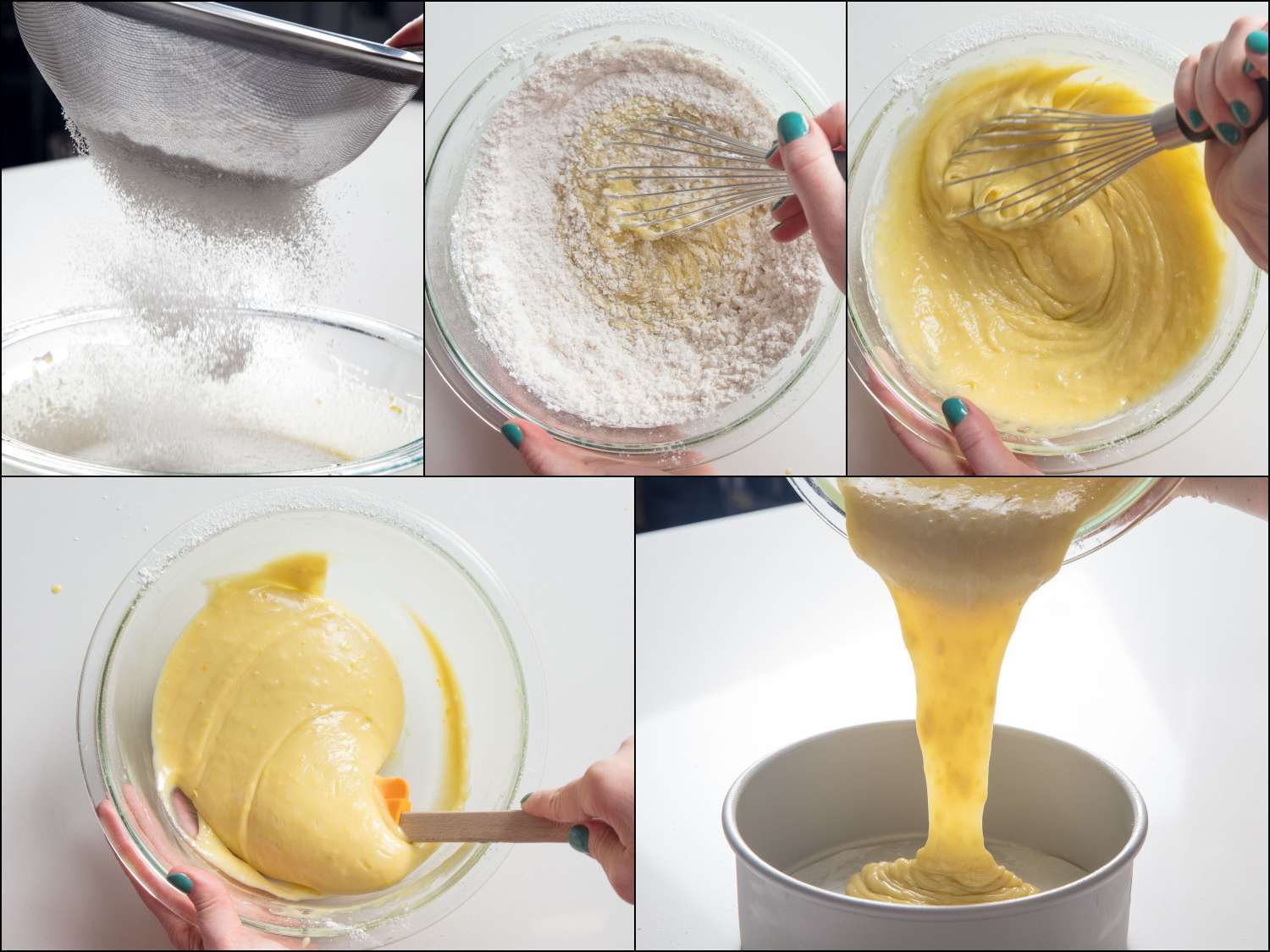 A photo collage showing sifting cake flour into wet ingredients, whisking well, giving it a final stir, and pouring into a cake pan.