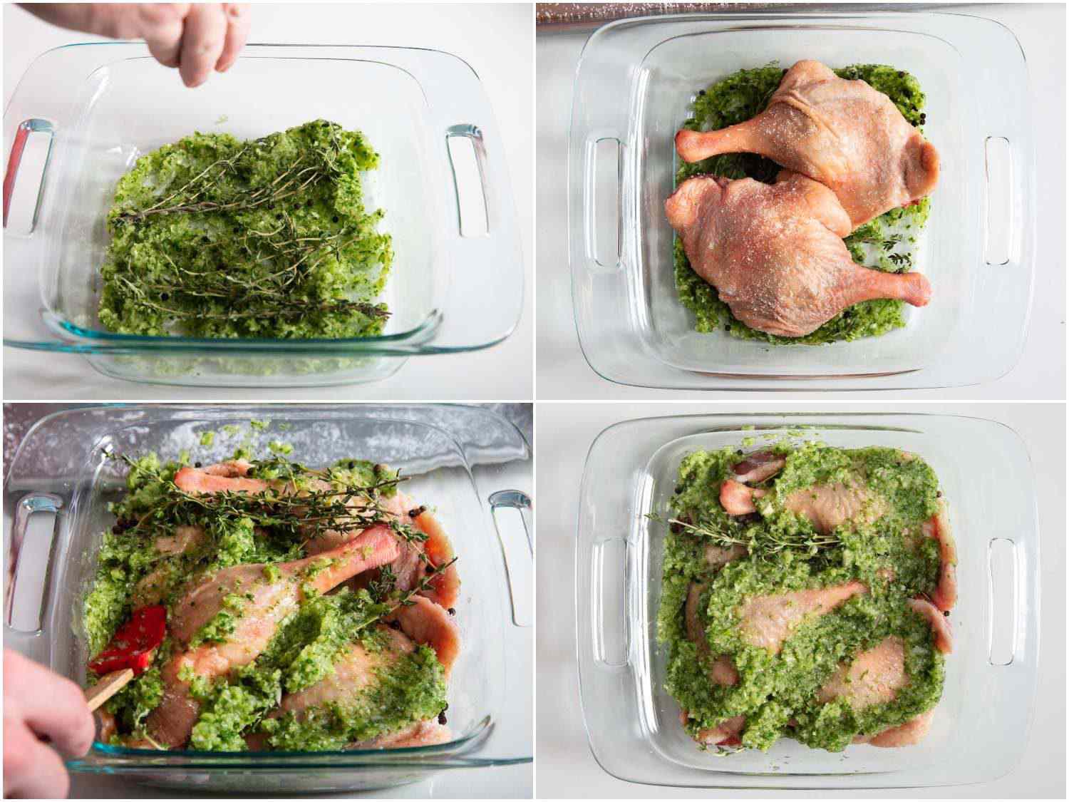 照片拼贴分层鸭腿在一个烤盘与葱治愈，百里香，和胡椒子。