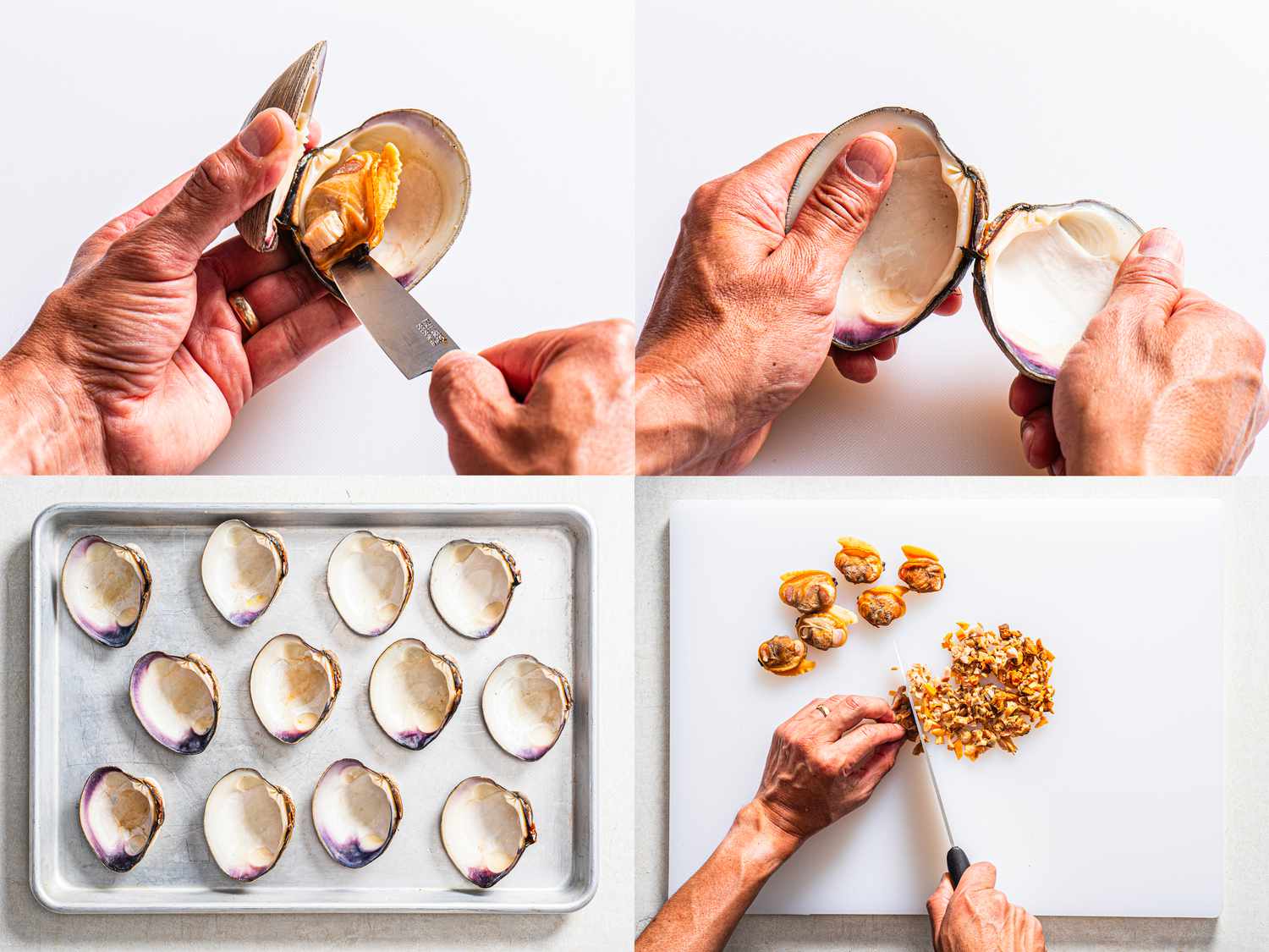 Four image collage of taking clam meat out with a paring knife, splitting shells, cleaned shells on a baking tray, and chopping clam meat into small pieces
