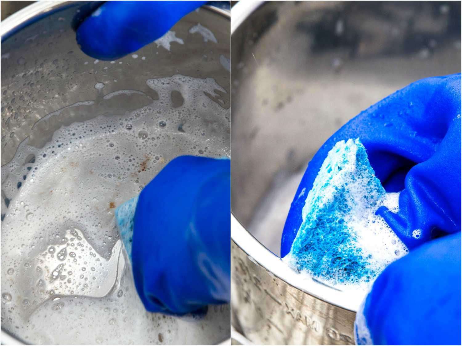 拼贴的两张照片显示了用热肥皂水擦洗不锈钢锅的不同阶段