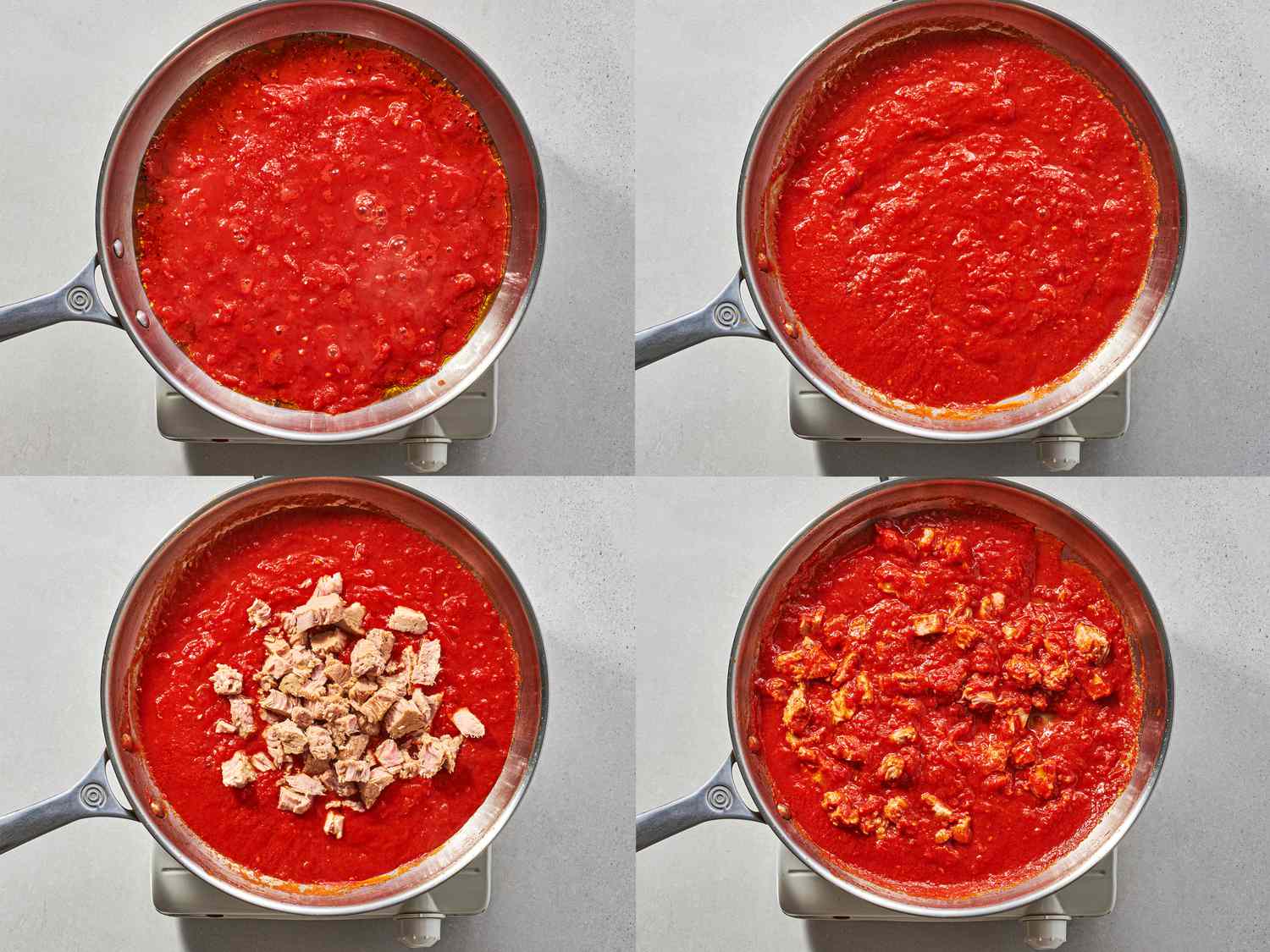 A collage of tomatoes and tuna and fish sauce inside a large skillet