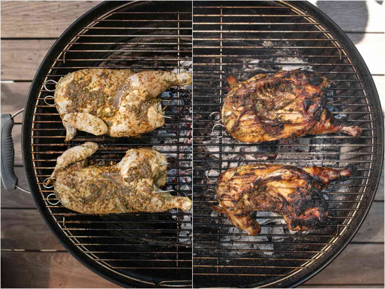 拼贴:半只鸡放在烤架的冷面开始;鸡肉半份转移到烤架热的一面完成gydF4y2Ba