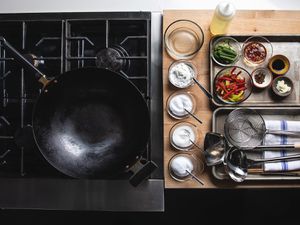 Overhead view of a wok station