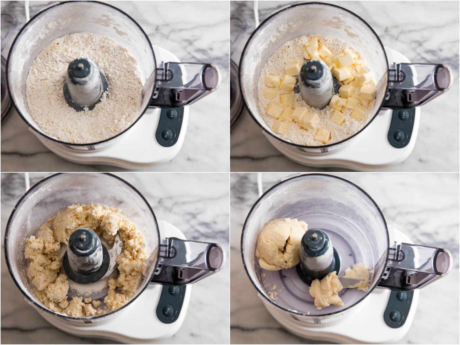 Collage of ingredients being added to lemon meltaway dough in a food processor