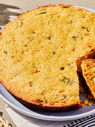 Overhead view of cornbread from skillet