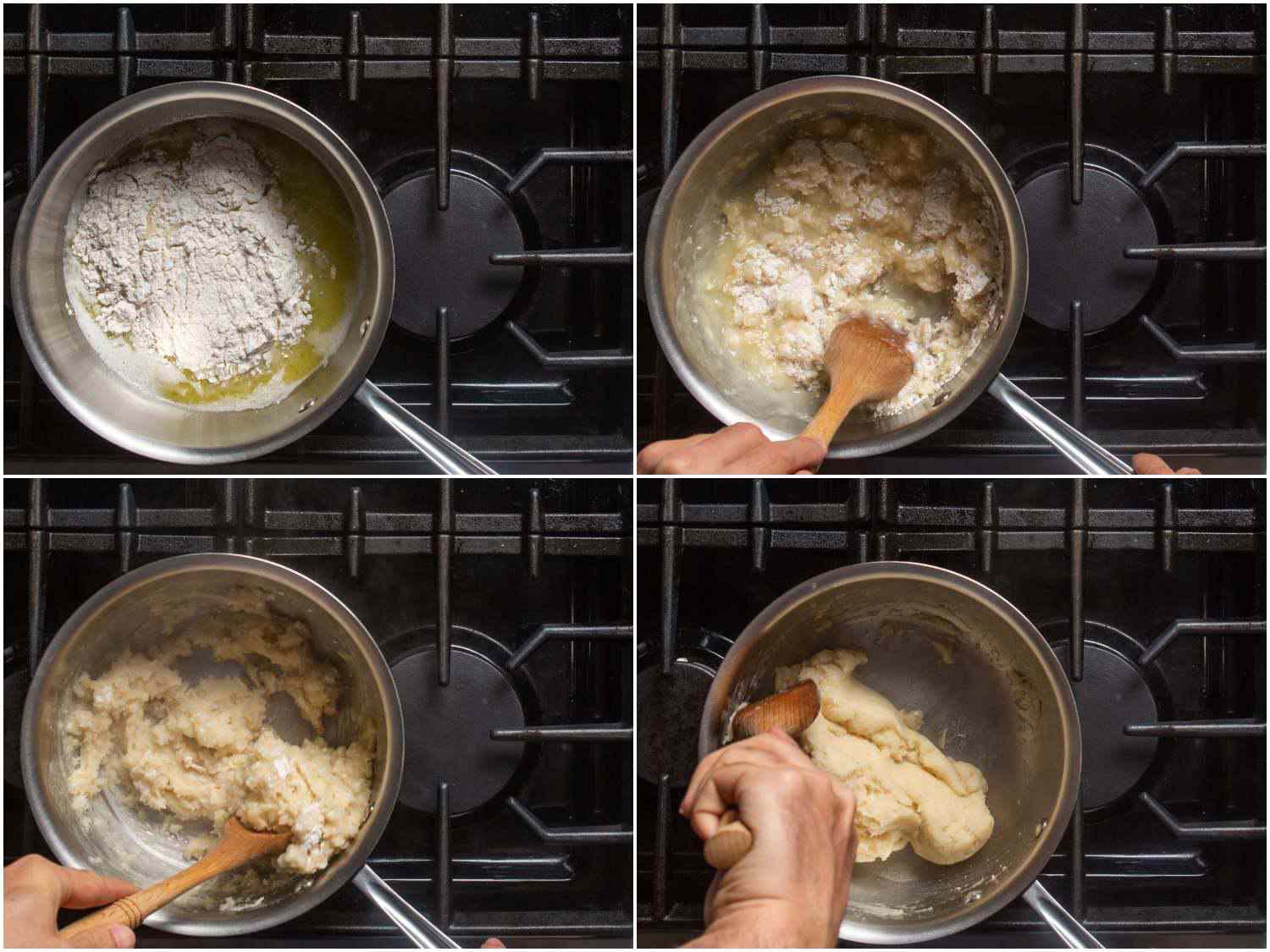 Collage of flour being stirred into the saucier until it forms a paste. The top left shows ingredients placed in a pot. The top right shows the ingredients being stirred together. The bottom left shows the mixture starting to thicken. The bottom right shows a paste that has been formed.