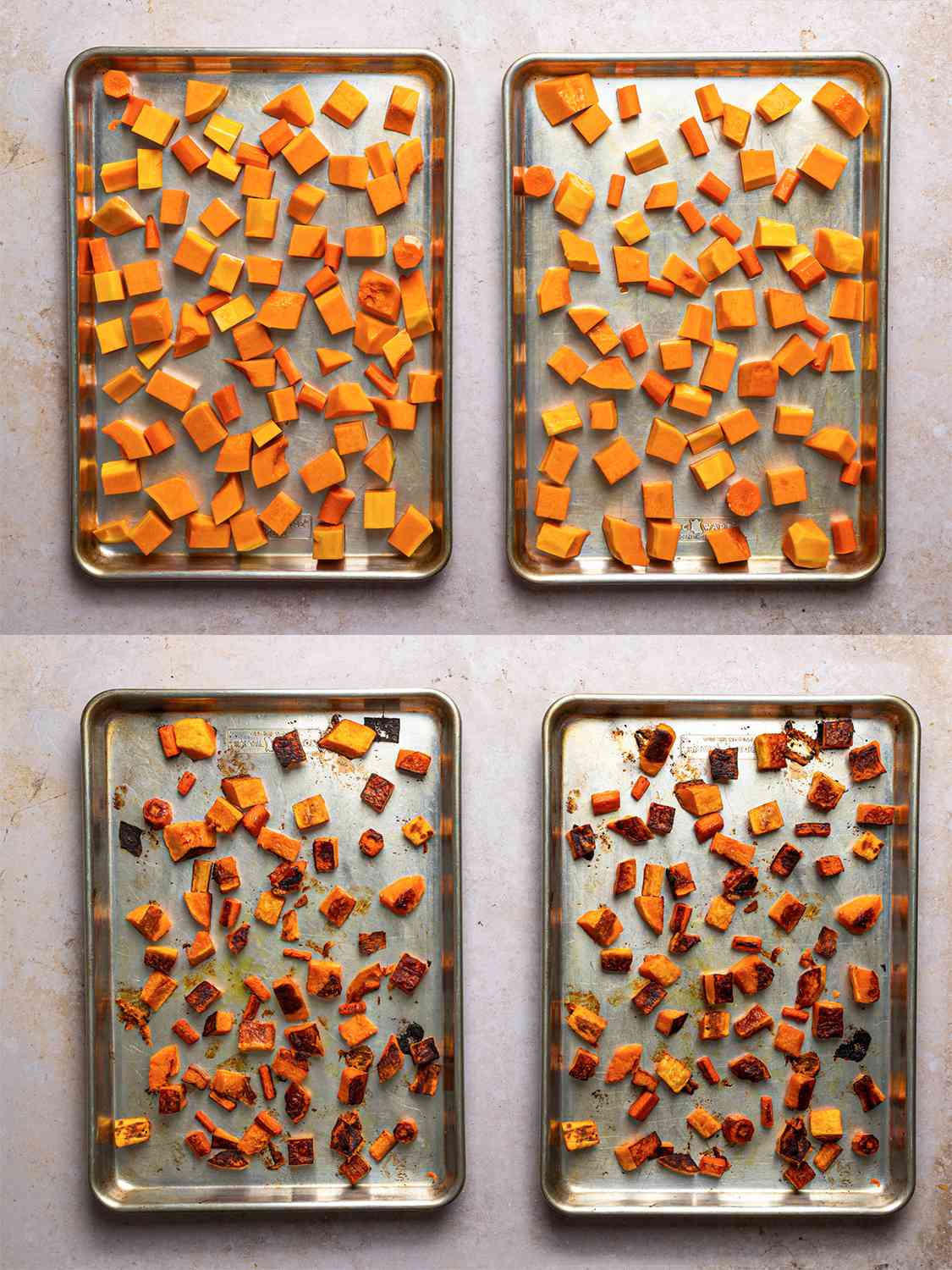 A two-image collage. The top image shows chopped and carrot tossed with olive oil and arranged on 2 rimmed baking sheets, with the vegetables spread out so that they can brown properly. The bottom image shows roasted squash and carrot on rimmed baking sheet after coming out of oven, showing off how theyâre well browned.