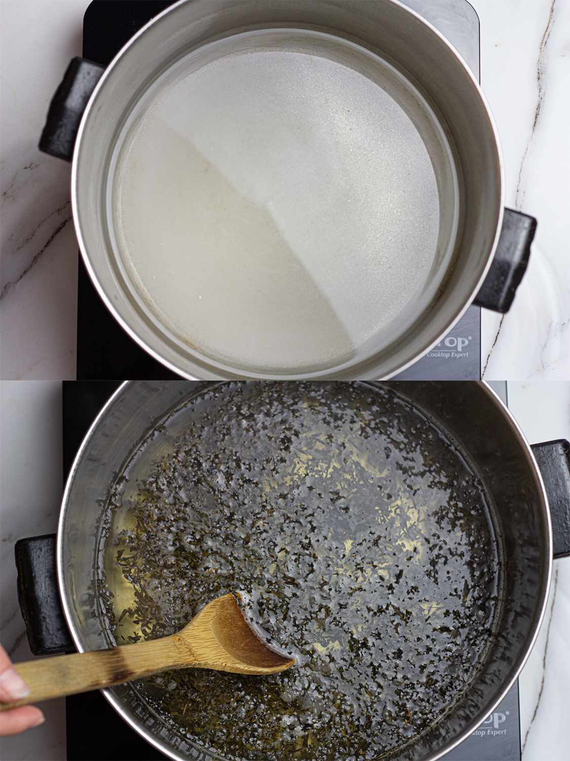 Two image collage of sugar being dissolved in a pan and then tea being brewed