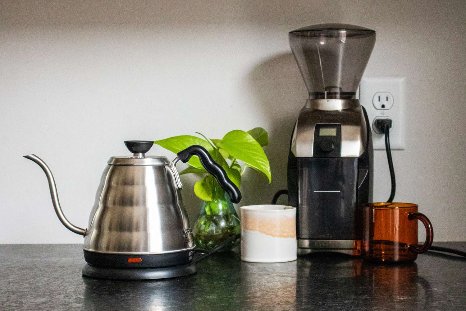 hario electric gooseneck kettle on a countertop