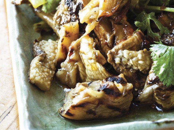 close up of roasted eggplant and leek salad