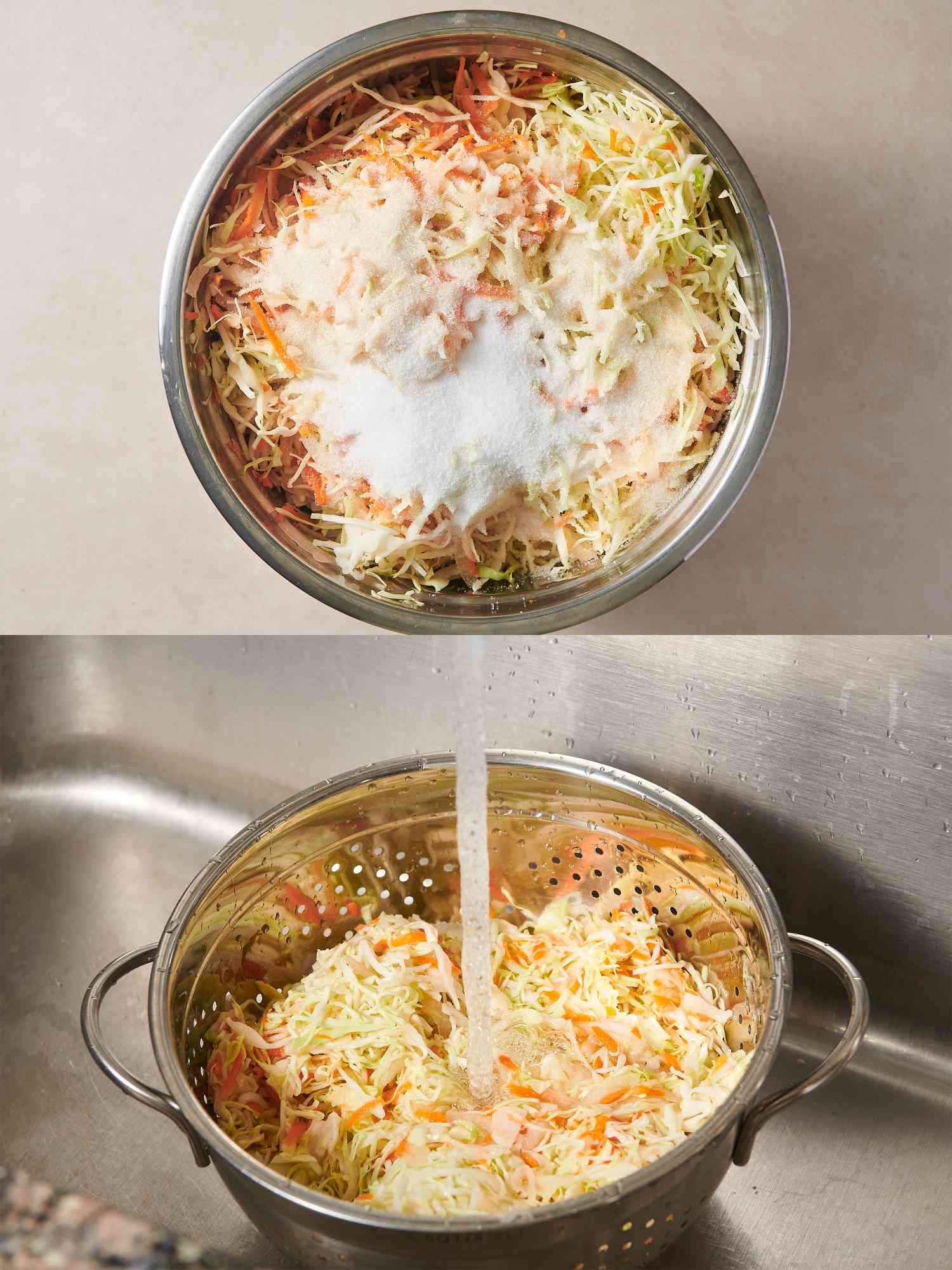 Cabbage, carrot, and onion combined in a large bowl and tossed with sugar and salt, and a colander under running water rinsing cabbage