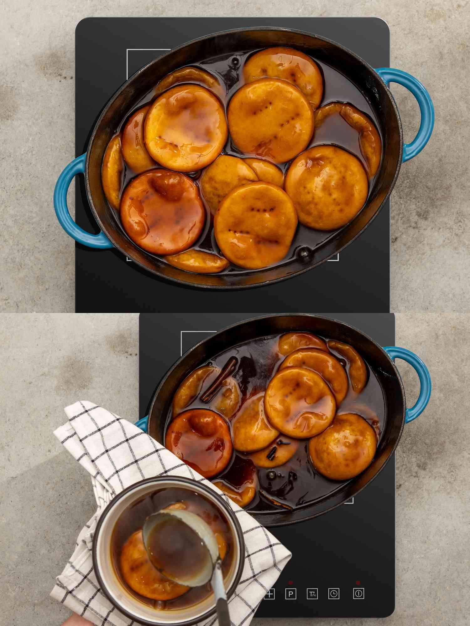 Two image collage of adding Sopaipillas to syrup and spooning into bowl