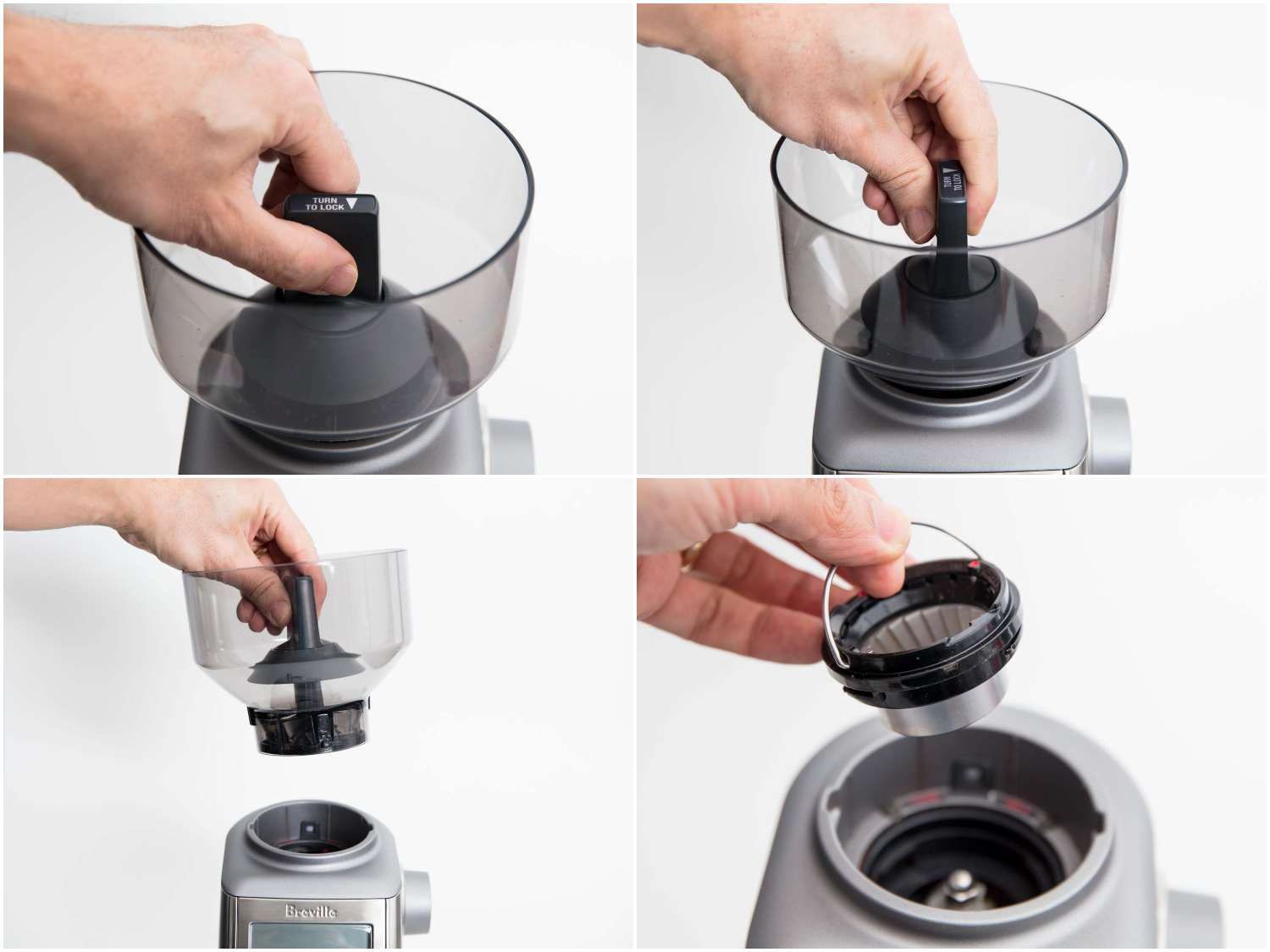 Brevillecoffee grinder's easy to use hopper and burr assembly