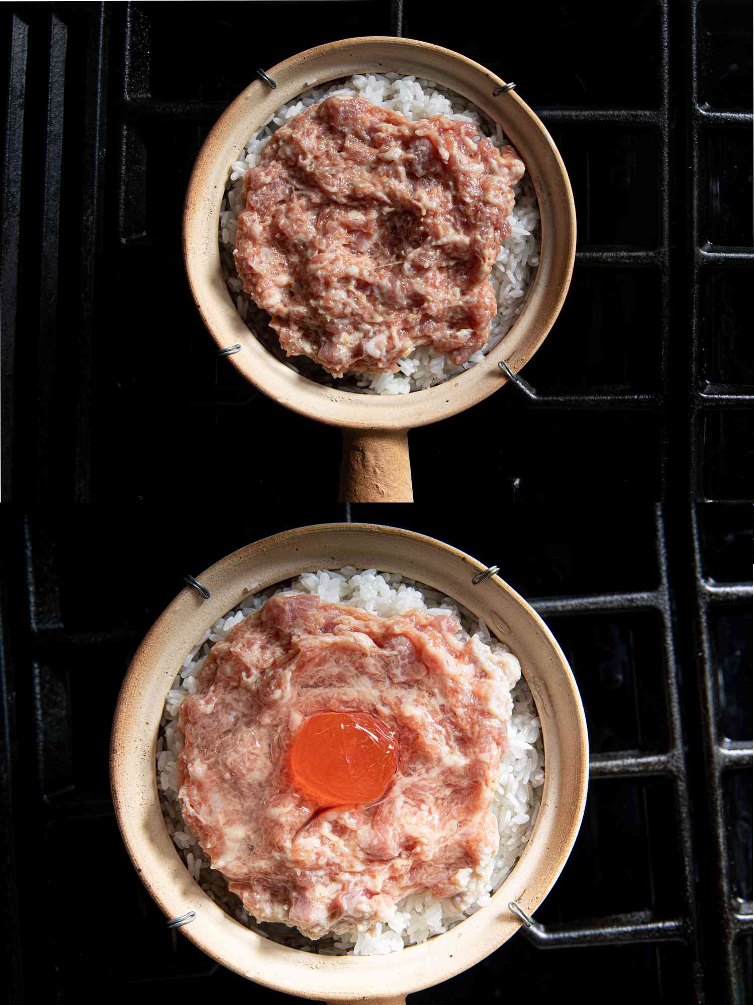 Raw Chinese meatloaf on top of rice in a Cantonese clay pot.