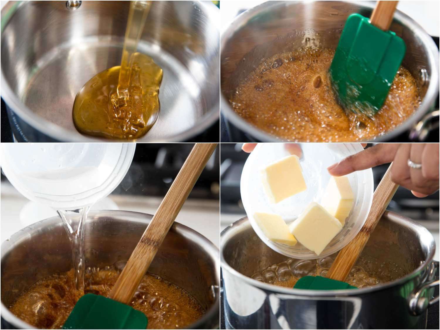 制作焦糖蜂蜜的拼贴画:将蜂蜜倒入平底锅，用有弹性的铲子搅拌，当蜂蜜起泡时，向蜂蜜中加水，加入黄油gydF4y2Ba
