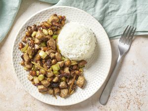 Gong bao ji ding chicken on a plate with white rice.