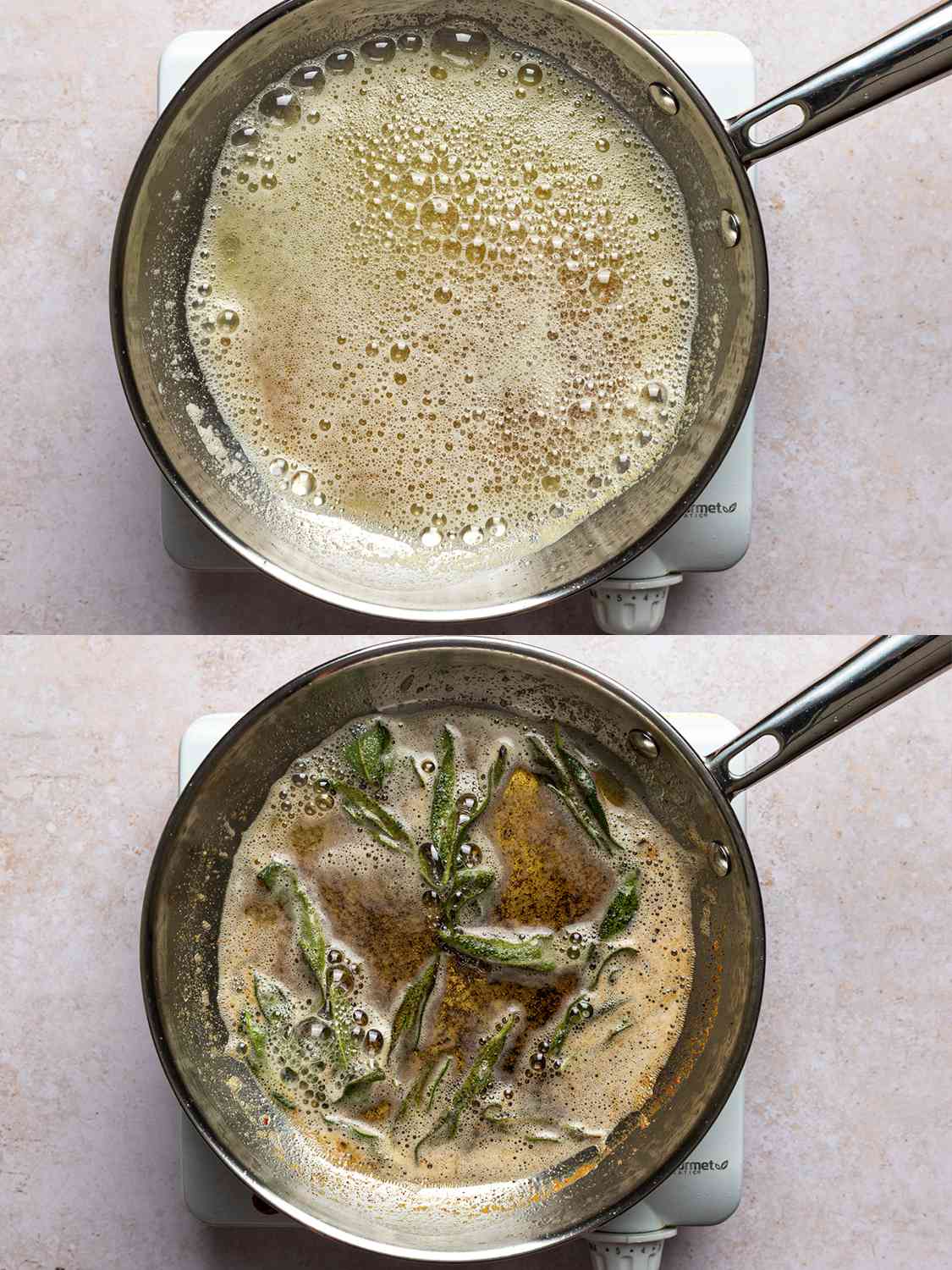 A two-image collage. The top image shows foamy butter beginning to brown inside a small skillet over medium-high heat. The bottom image shows sage leaves cooked until frizzled inside of the skillet.