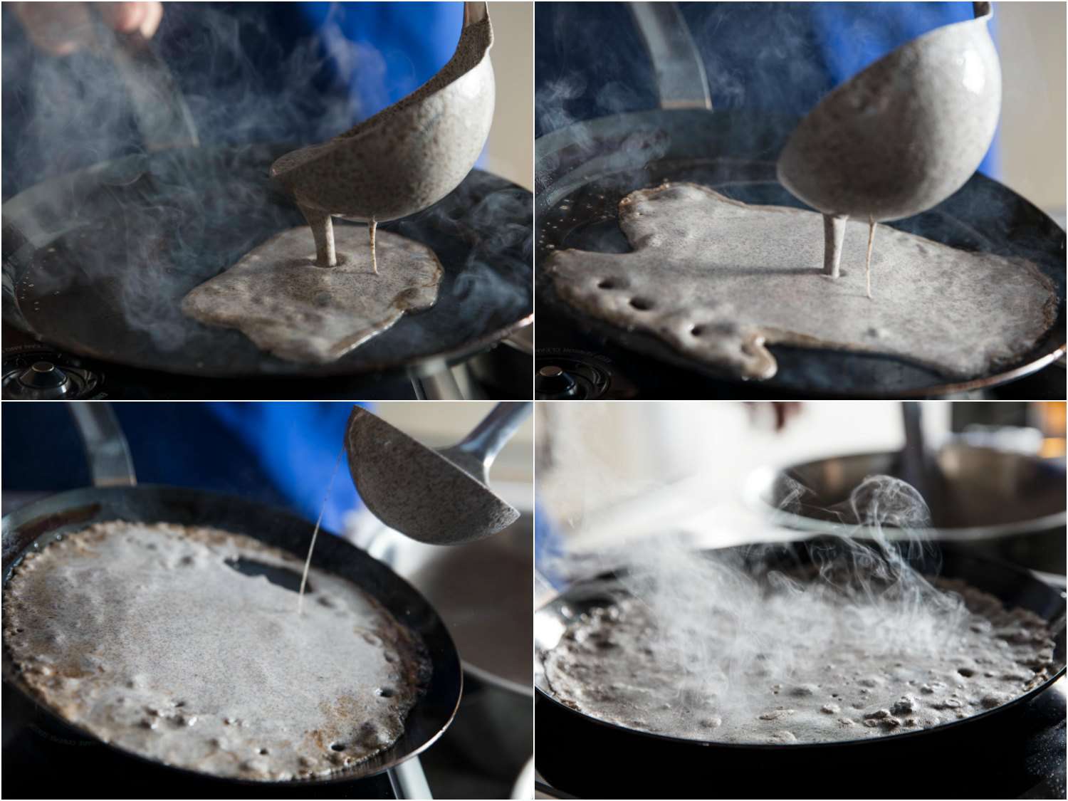 四个图像。前两幅画中，一瓢面糊正被倒进一个碳钢煎锅里。在第三张图中，平底锅被倾斜，以确保所有区域都被面糊覆盖。第四张图显示的是面糊在锅里冒着热气。gydF4y2Ba