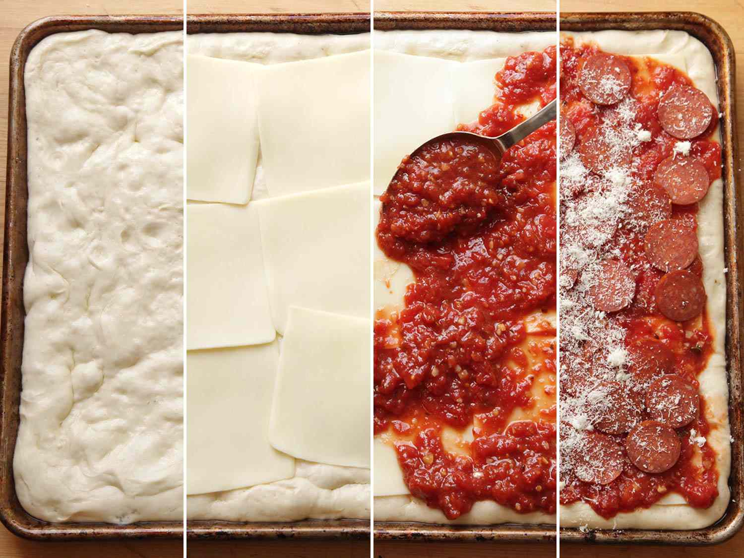 Collage of assembling a Sicilian-style pizza in the proper order, with cheese underneath the sauce.