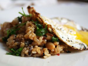 A plate of Malaysian rice with sambal.