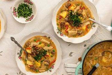 Overhead view of Pantrucas in two serving bowls and pot