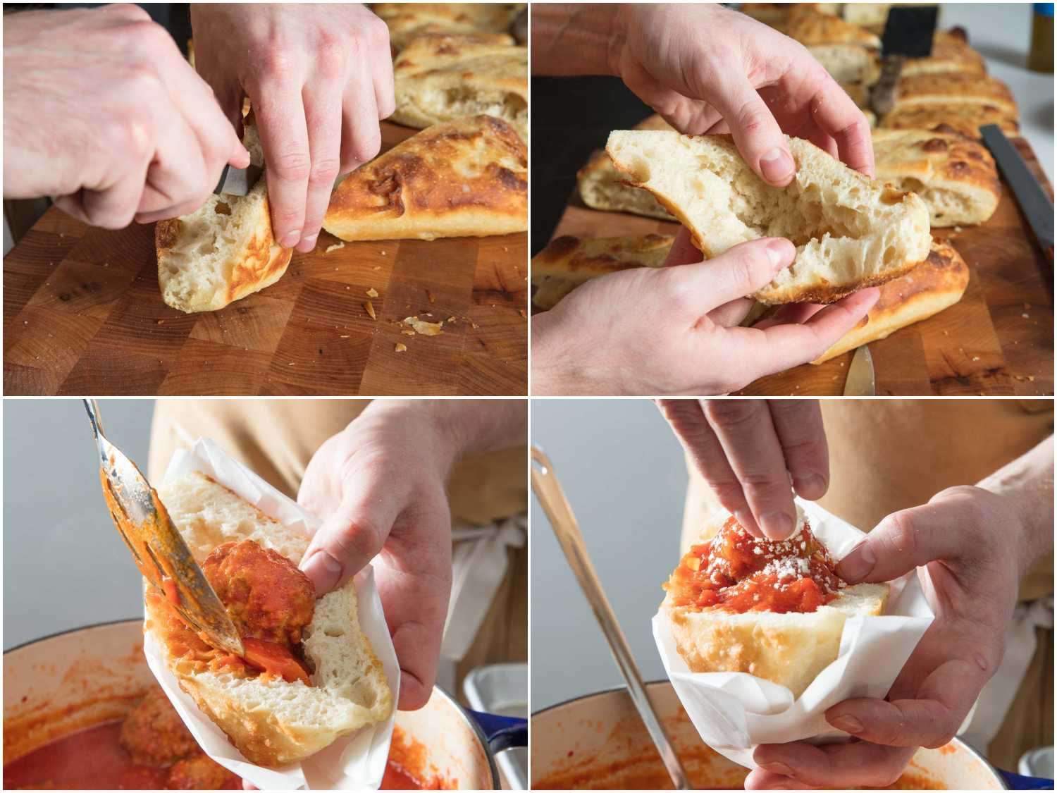 在披萨口袋上切一个口子，然后用馅料填馅。